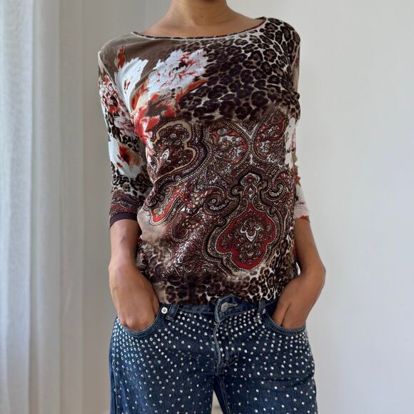 Vintage Italian Mesh Cheetah and Paisley Print Top (S/M) - Picture 1 of 9